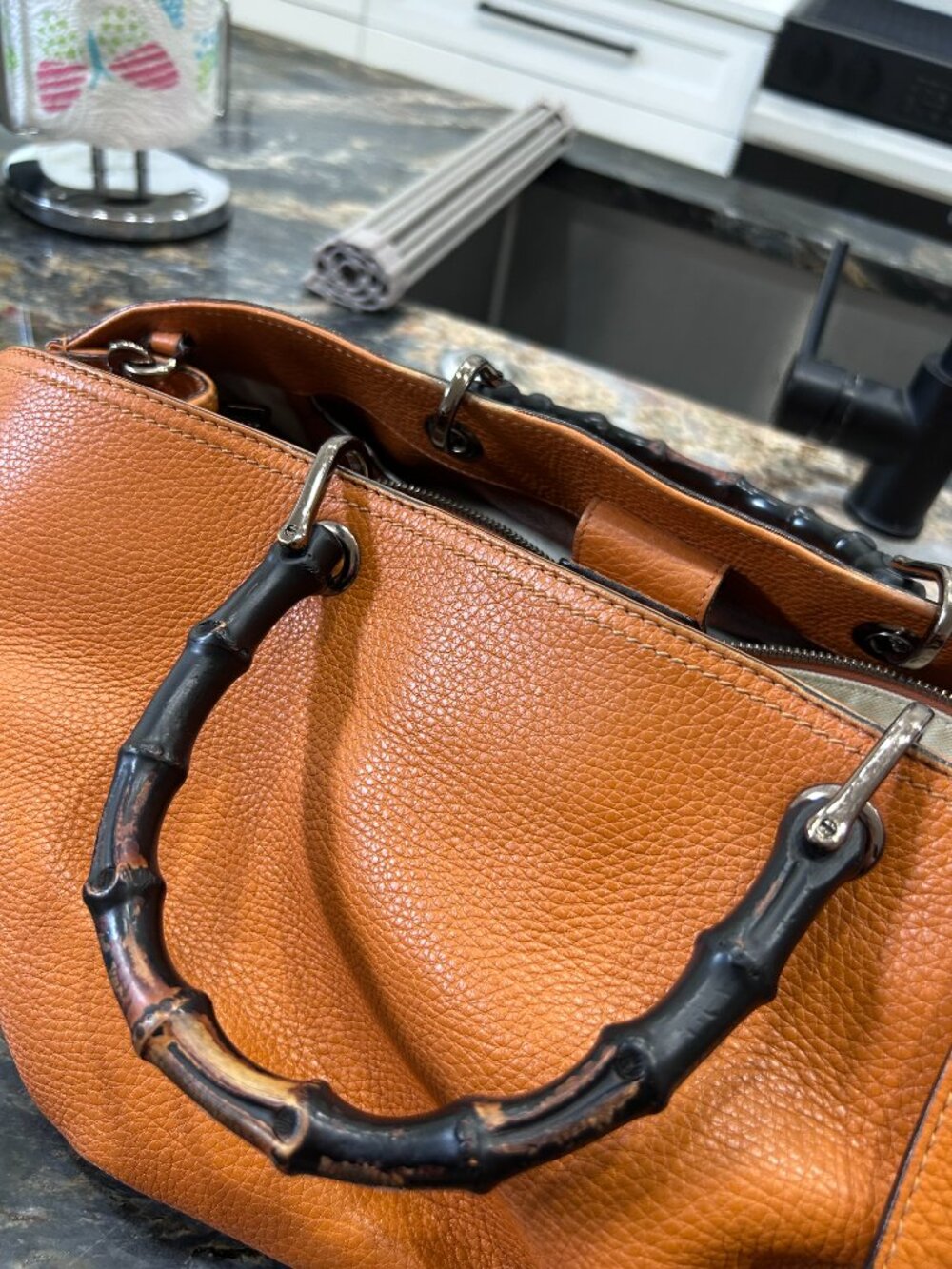 Gucci Handbag with Bamboo Handles & Shoulder Strap Orange Pebbled - Picture 5 of 16